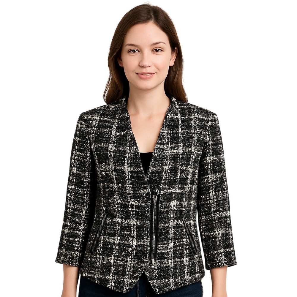 Trouve Tweed Jacket Women Size Medium Black White Plaid Zip Front Pockets Chic
